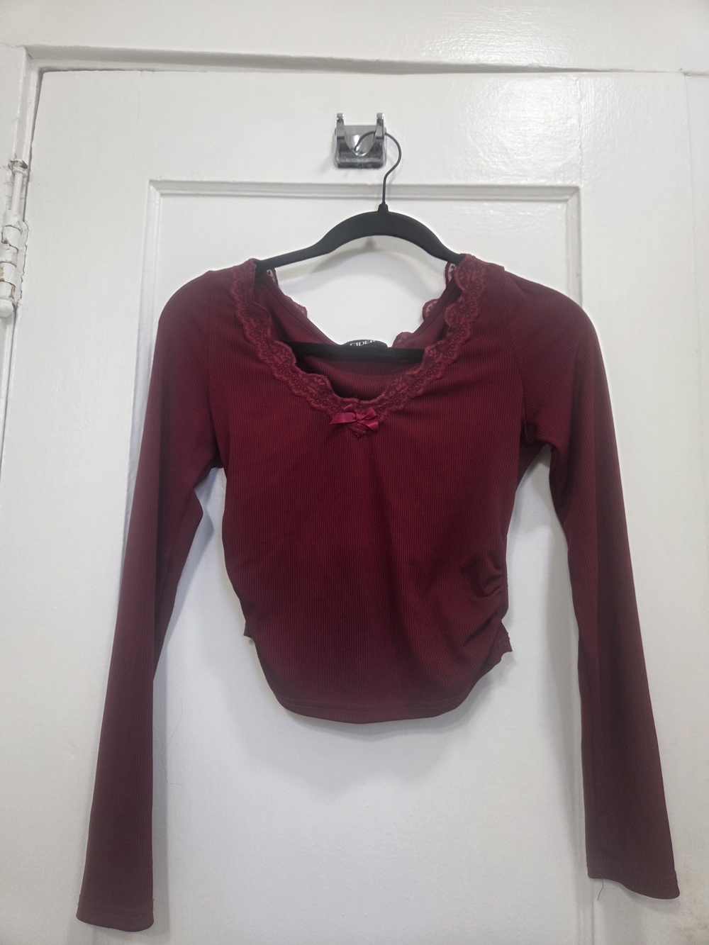 Cider Ribbed Lace-Trim Long Sleeve Top - Burgundy